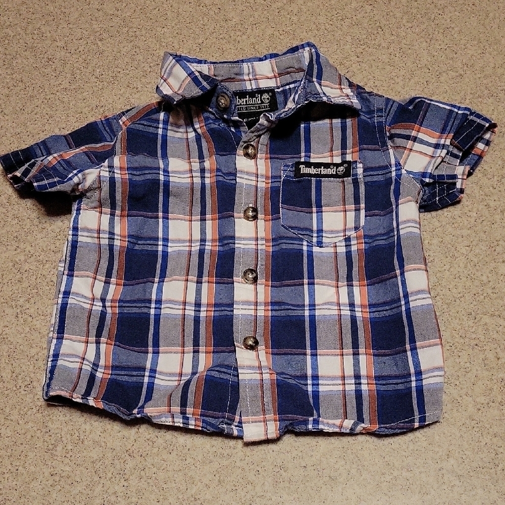 Timberland Kids Navy and White Plaid Button Down Shirt Size 6-9 Months